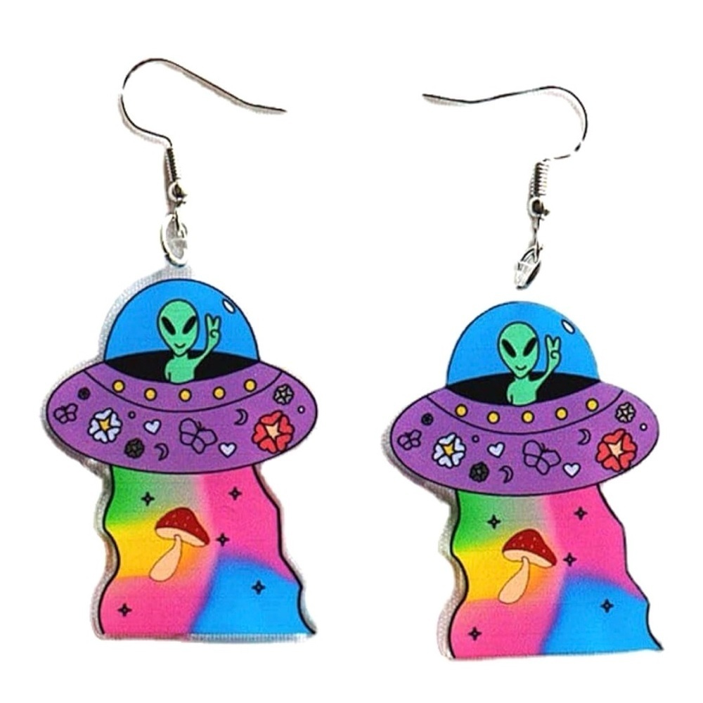 Colorful Alien UFO Acrylic Earrings – Halloween Weirdcore Space Jewelry - Picture 3 of 13